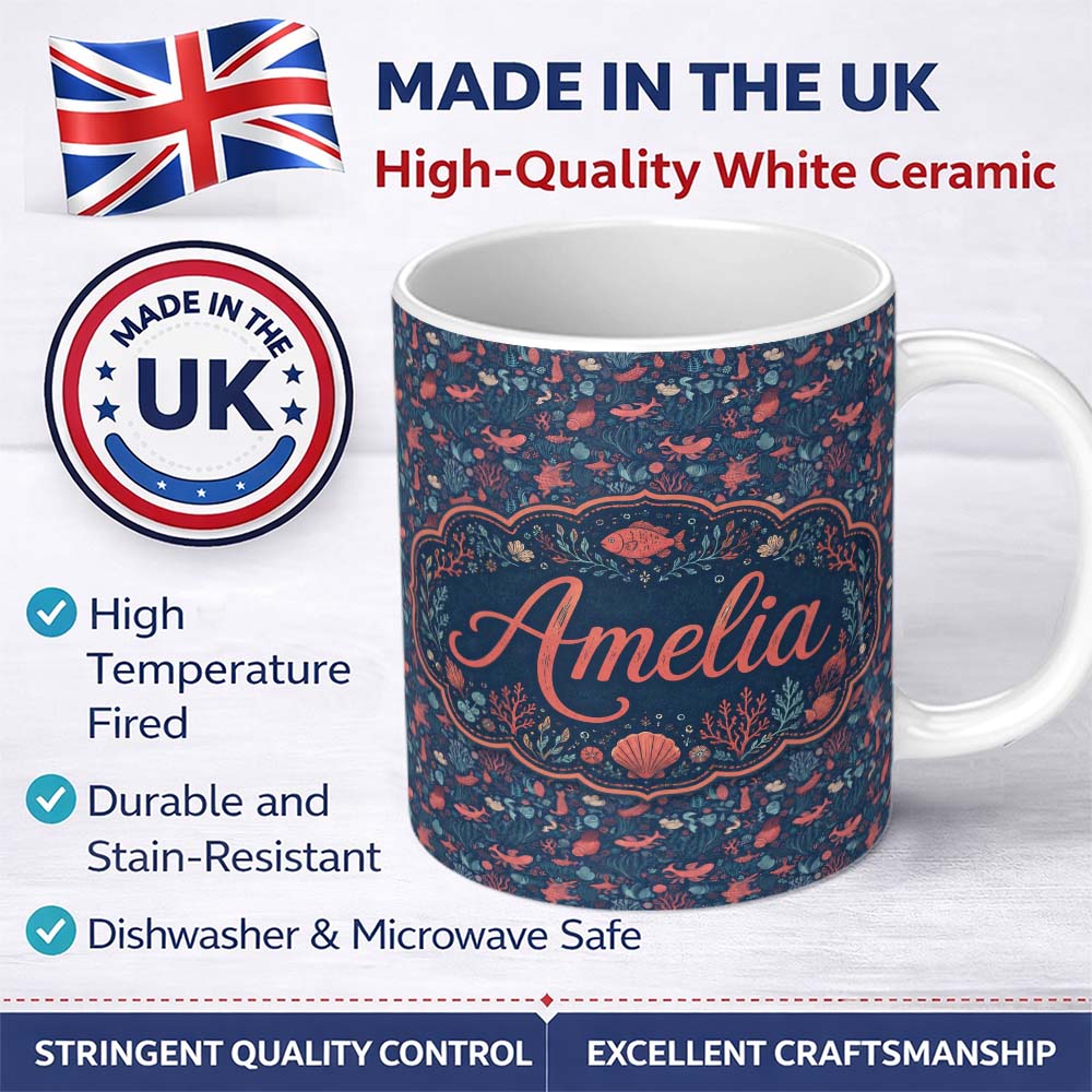 Personalized Custom Name Stylish Ocean Marine Seamless Pattern Fish Coral Sea Life 11oz Ceramic Coffee Tea Mug White Large Handle