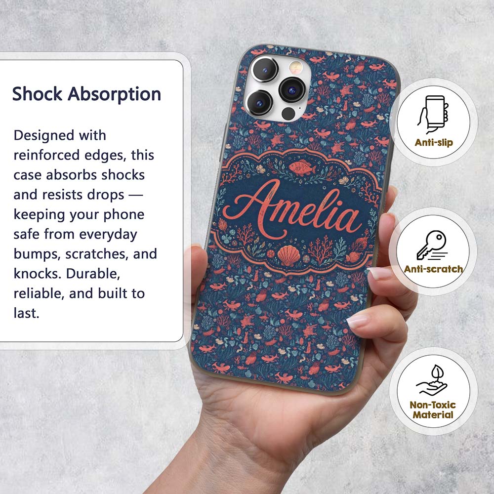Stylish Ocean Marine Seamless Pattern Fish Coral Custom Name Protective Phone Case Mobile Cover Durable Everyday Smartphone Shock Resistant
