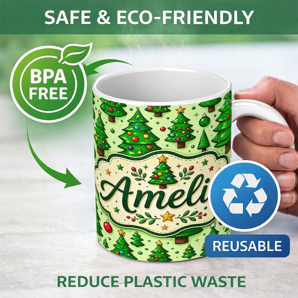 Personalized Custom Name Cartoon Christmas Trees Green Ornaments Cute Holiday Seamless Lovely 11oz Ceramic Coffee Tea Mug White Large Handle