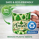 Personalized Custom Name Cartoon Christmas Trees Green Ornaments Cute Holiday Seamless Lovely 11oz Ceramic Coffee Tea Mug White Large Handle