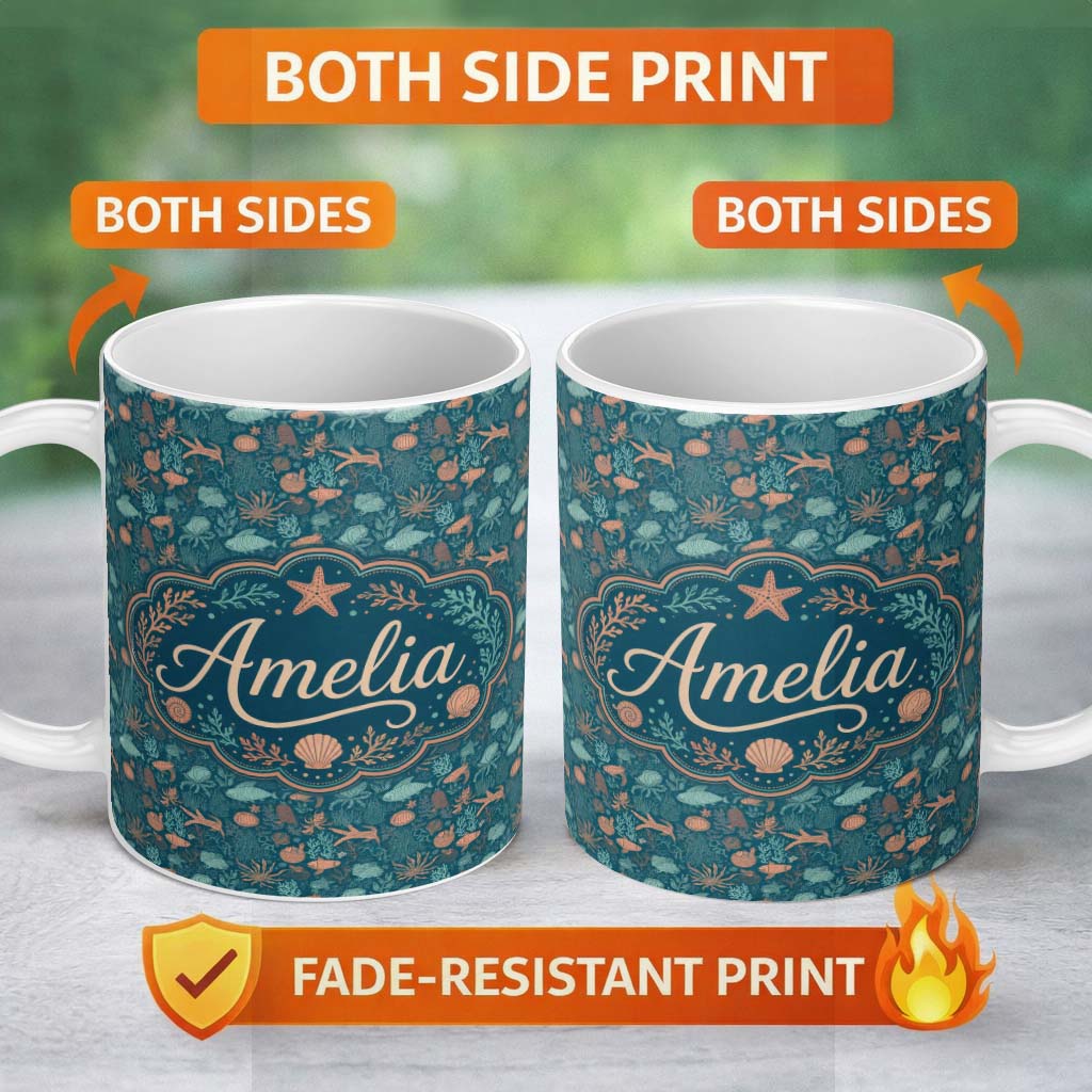 Personalized Custom Name Ocean Coral Reef Fish and Shells Seamless Pattern Marine Life 11oz Ceramic Coffee Tea Mug White Large Handle