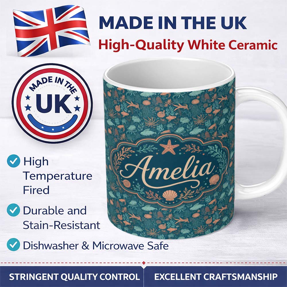 Personalized Custom Name Ocean Coral Reef Fish and Shells Seamless Pattern Marine Life 11oz Ceramic Coffee Tea Mug White Large Handle