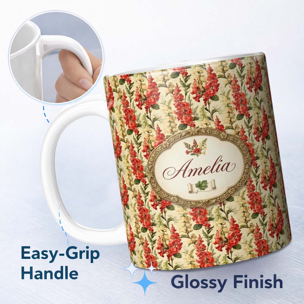 Personalized Custom Name Classic Red Floral Stripe Pattern with Soft Cream Flowers on Beige 11oz Ceramic Coffee Tea Mug White Large Handle