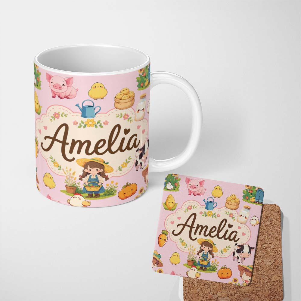 Personalized Custom Name Cute Farm Animals Girl Pig Cow Chicken Soft Pink Background Seamless 11oz Ceramic Coffee Tea Mug White Large Handle