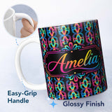 Personalized Custom Name Retro Psychedelic Loop Gradient Geometric Seamless Pattern Lovely 11oz Ceramic Coffee Tea Mug White Large Handle