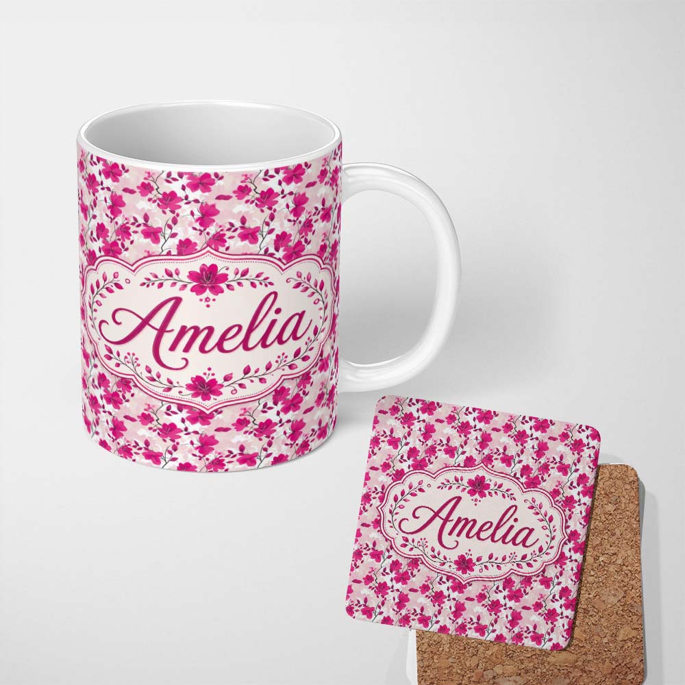 Personalized Custom Name Pink Blossom Floral Seamless Pattern Soft Botanical Spring Flowers 11oz Ceramic Coffee Tea Mug White Large Handle