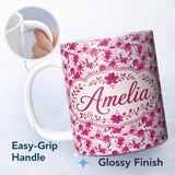 Personalized Custom Name Pink Blossom Floral Seamless Pattern Soft Botanical Spring Flowers 11oz Ceramic Coffee Tea Mug White Large Handle