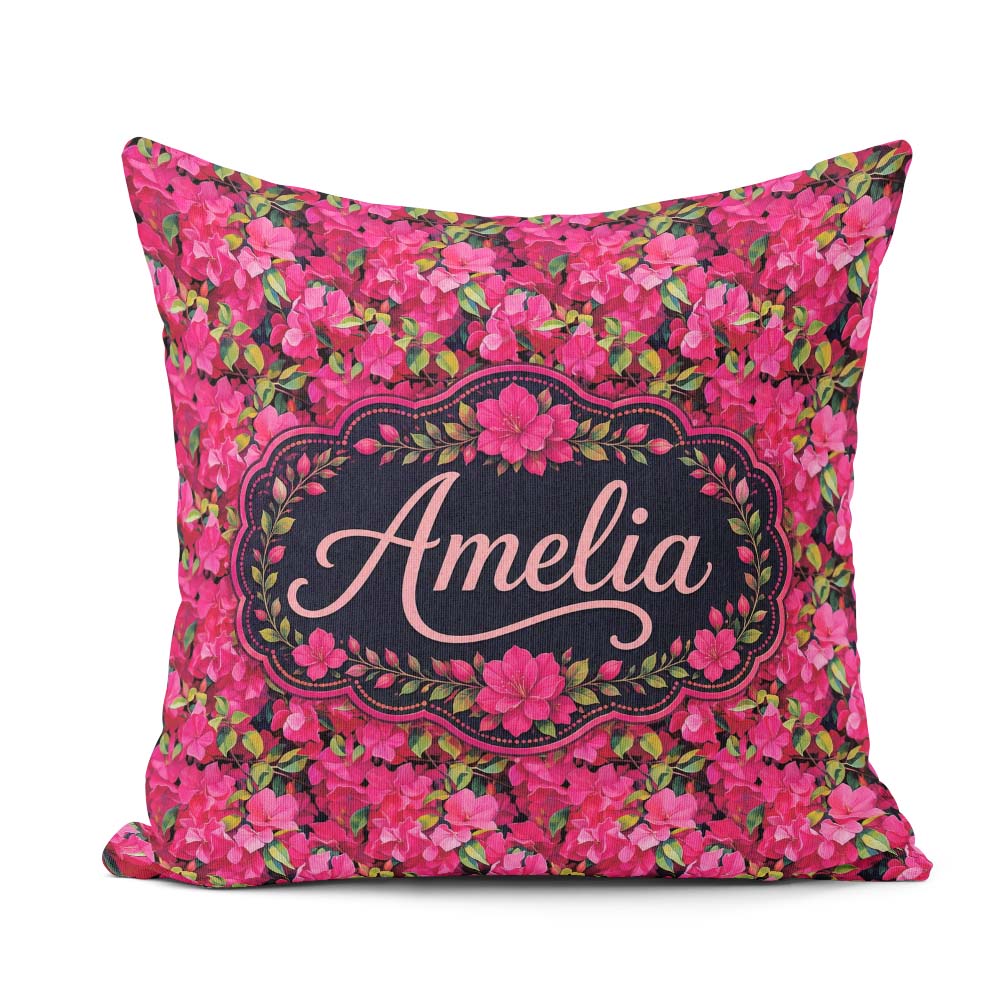 Custom Name Vibrant Pink Floral Garden Seamless Pattern Blooming Square Filled Cushion Throw Pillow Sofa Bed Home Decor Zip Washable UK Made