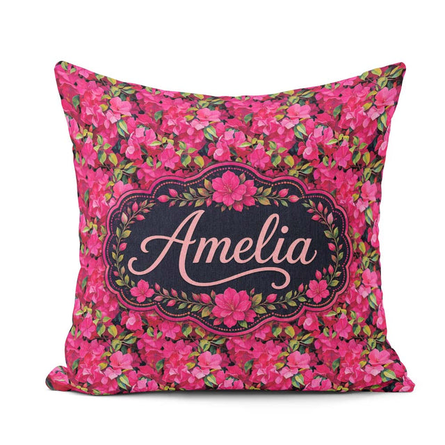 Custom Name Vibrant Pink Floral Garden Seamless Pattern Blooming Square Filled Cushion Throw Pillow Sofa Bed Home Decor Zip Washable UK Made