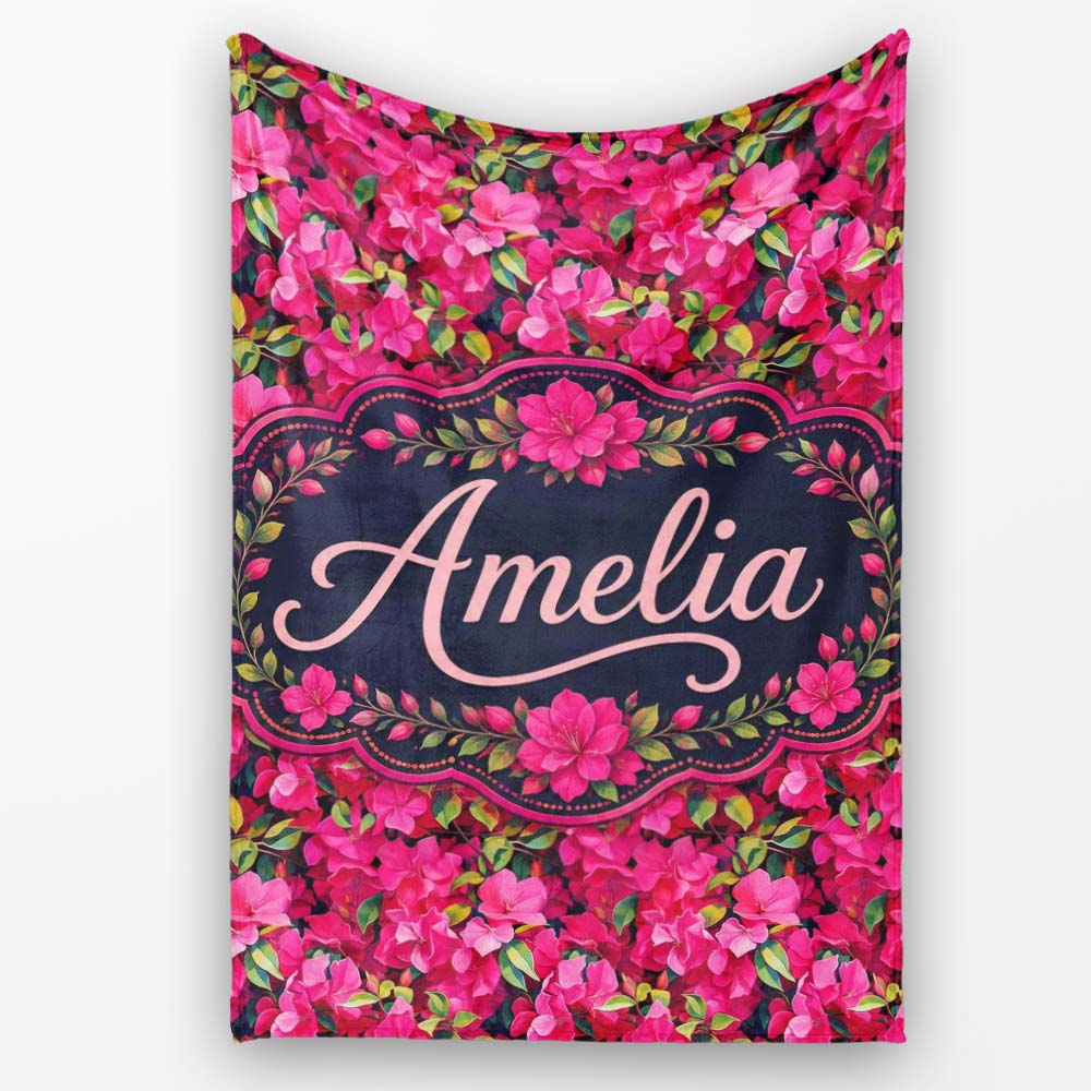 Vibrant Pink Floral Garden Seamless Pattern Lush Blooming Flowers  Personalised Custom Name Super Soft Fleece Blanket Bed Sofa Throw