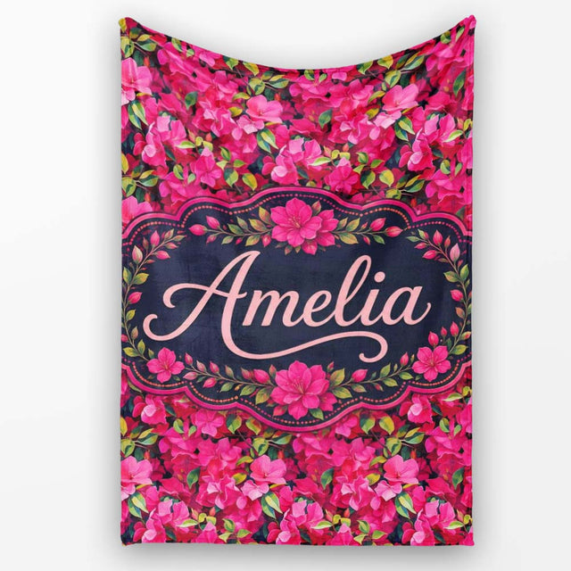 Vibrant Pink Floral Garden Seamless Pattern Lush Blooming Flowers  Personalised Custom Name Super Soft Fleece Blanket Bed Sofa Throw