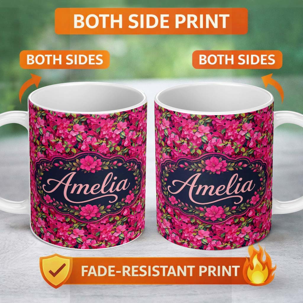 Personalized Custom Name Vibrant Pink Floral Garden Seamless Pattern Lush Blooming Flowers 11oz Ceramic Coffee Tea Mug White Large Handle