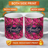Personalized Custom Name Vibrant Pink Floral Garden Seamless Pattern Lush Blooming Flowers 11oz Ceramic Coffee Tea Mug White Large Handle