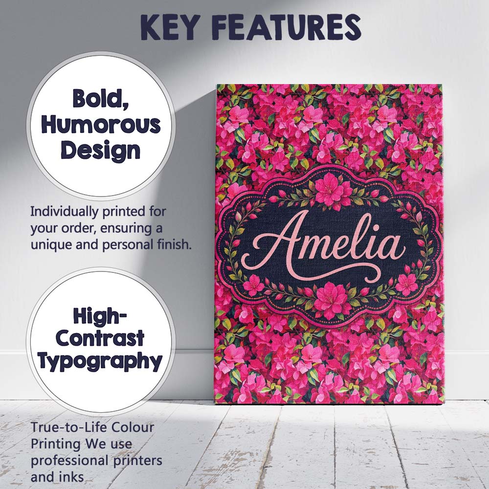 Personalised Name Vibrant Pink Floral Custom Modern Room Accent Creative Decorator Style Canvas Wall Art Print Decor Picture Ready to Hang