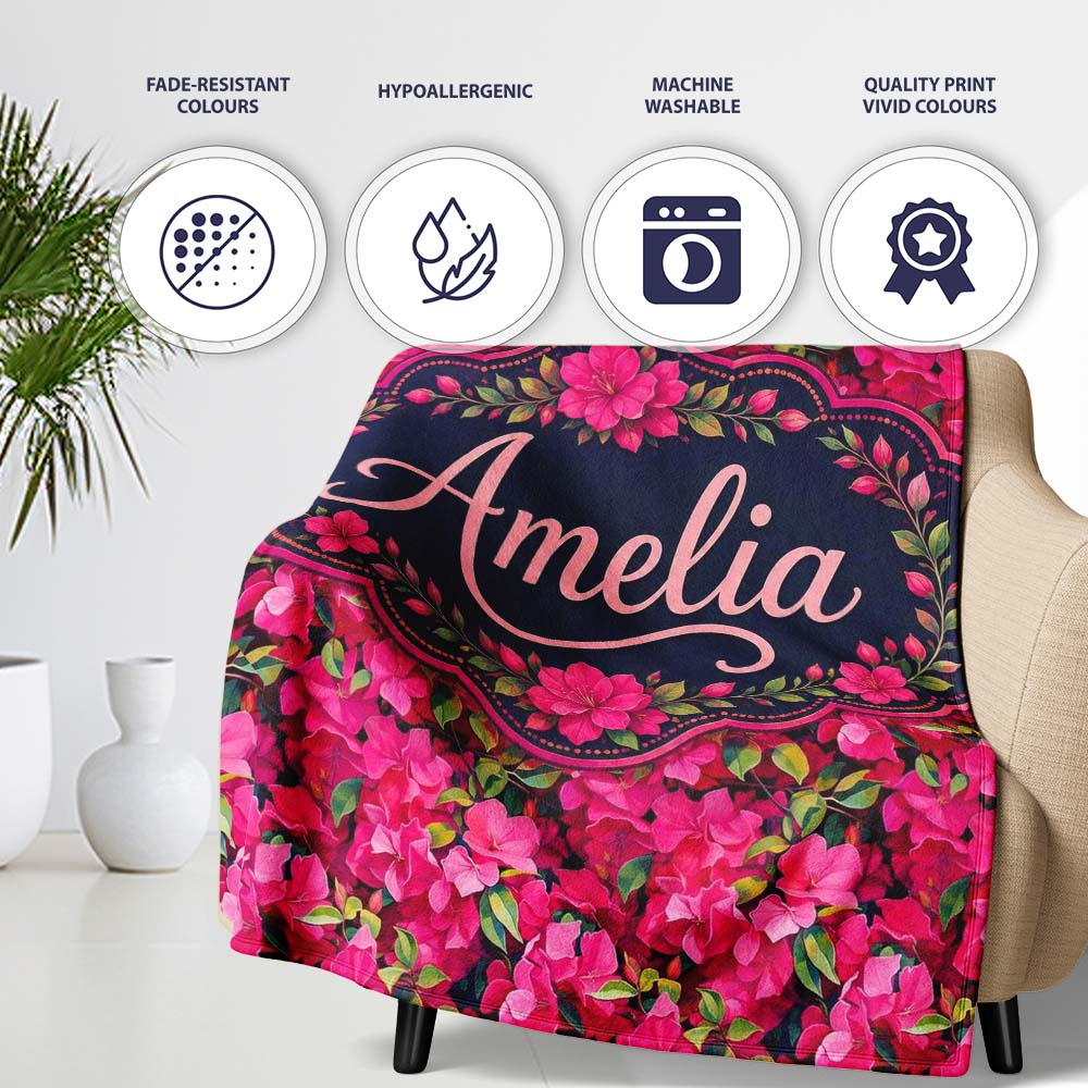 Vibrant Pink Floral Garden Seamless Pattern Lush Blooming Flowers  Personalised Custom Name Super Soft Fleece Blanket Bed Sofa Throw