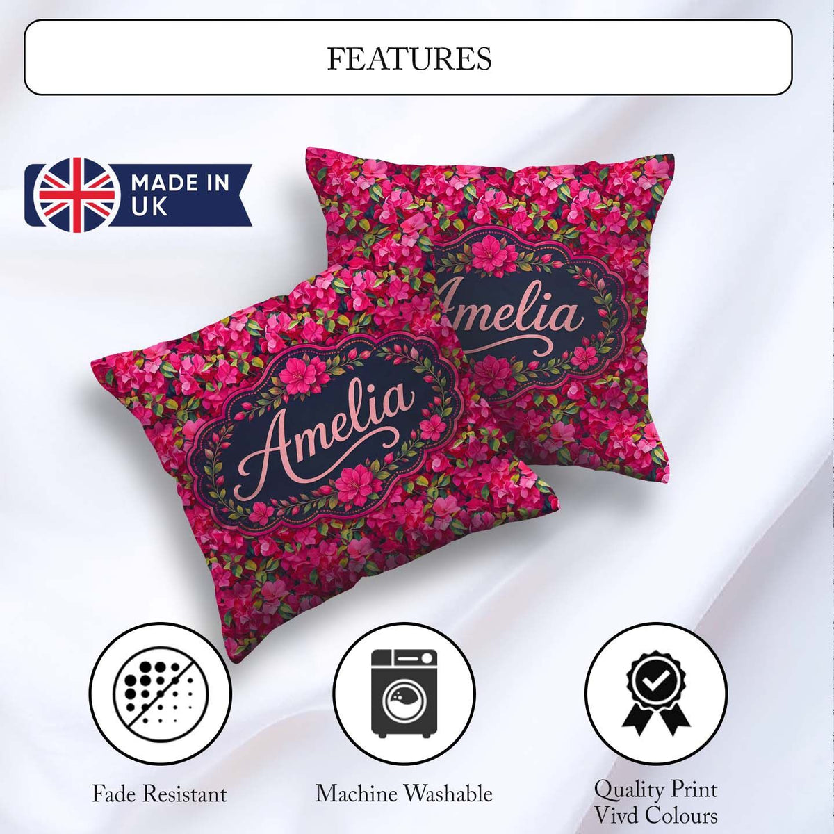 Custom Name Vibrant Pink Floral Garden Seamless Pattern Blooming Square Filled Cushion Throw Pillow Sofa Bed Home Decor Zip Washable UK Made
