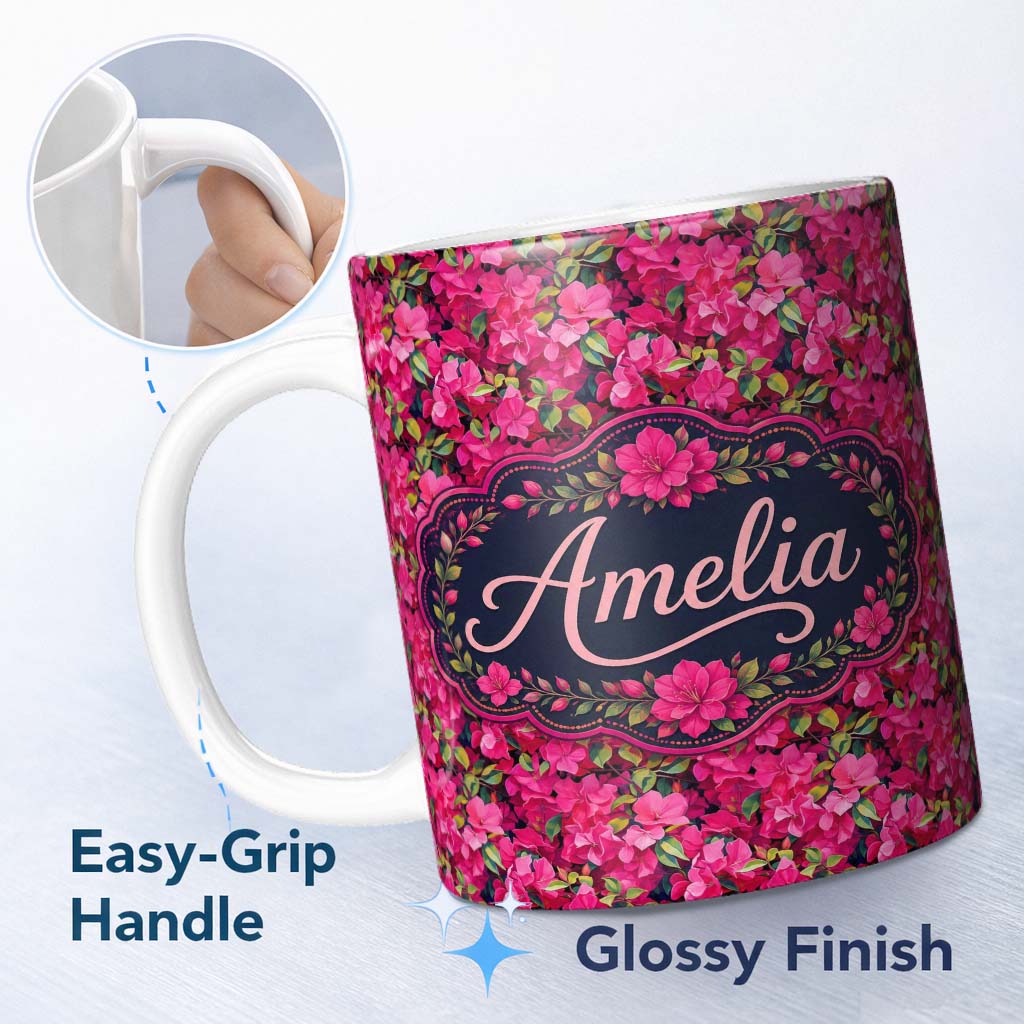Personalized Custom Name Vibrant Pink Floral Garden Seamless Pattern Lush Blooming Flowers 11oz Ceramic Coffee Tea Mug White Large Handle