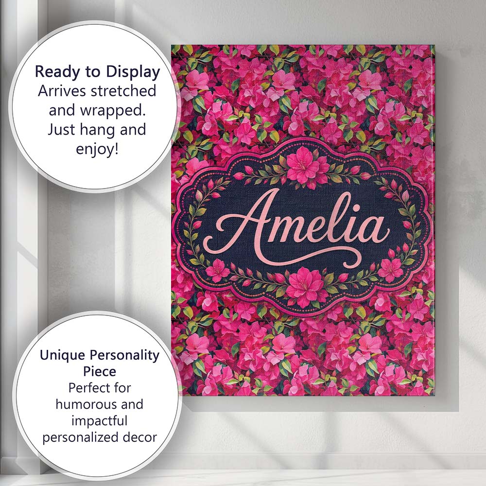 Personalised Name Vibrant Pink Floral Custom Modern Room Accent Creative Decorator Style Canvas Wall Art Print Decor Picture Ready to Hang