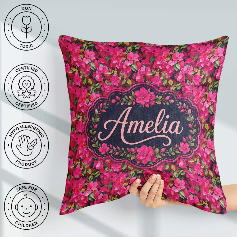 Custom Name Vibrant Pink Floral Garden Seamless Pattern Blooming Square Filled Cushion Throw Pillow Sofa Bed Home Decor Zip Washable UK Made