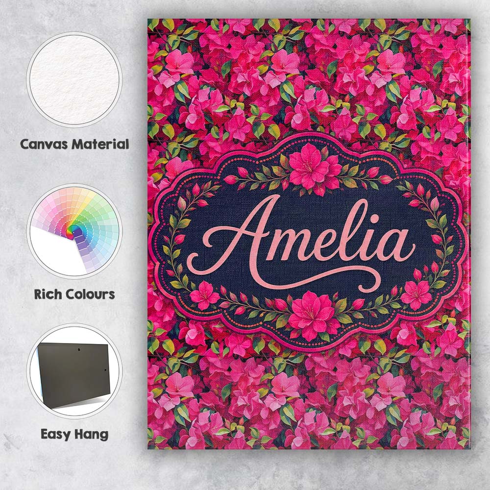Personalised Name Vibrant Pink Floral Custom Modern Room Accent Creative Decorator Style Canvas Wall Art Print Decor Picture Ready to Hang