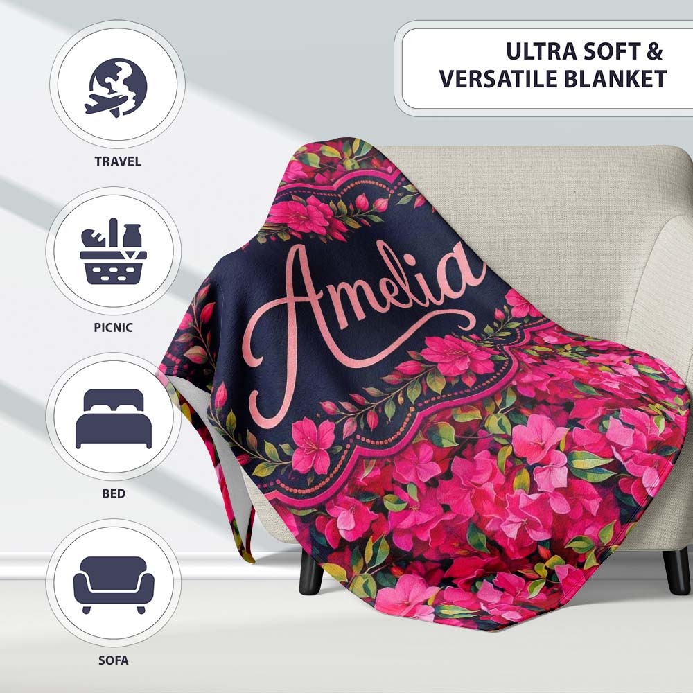 Vibrant Pink Floral Garden Seamless Pattern Lush Blooming Flowers  Personalised Custom Name Super Soft Fleece Blanket Bed Sofa Throw