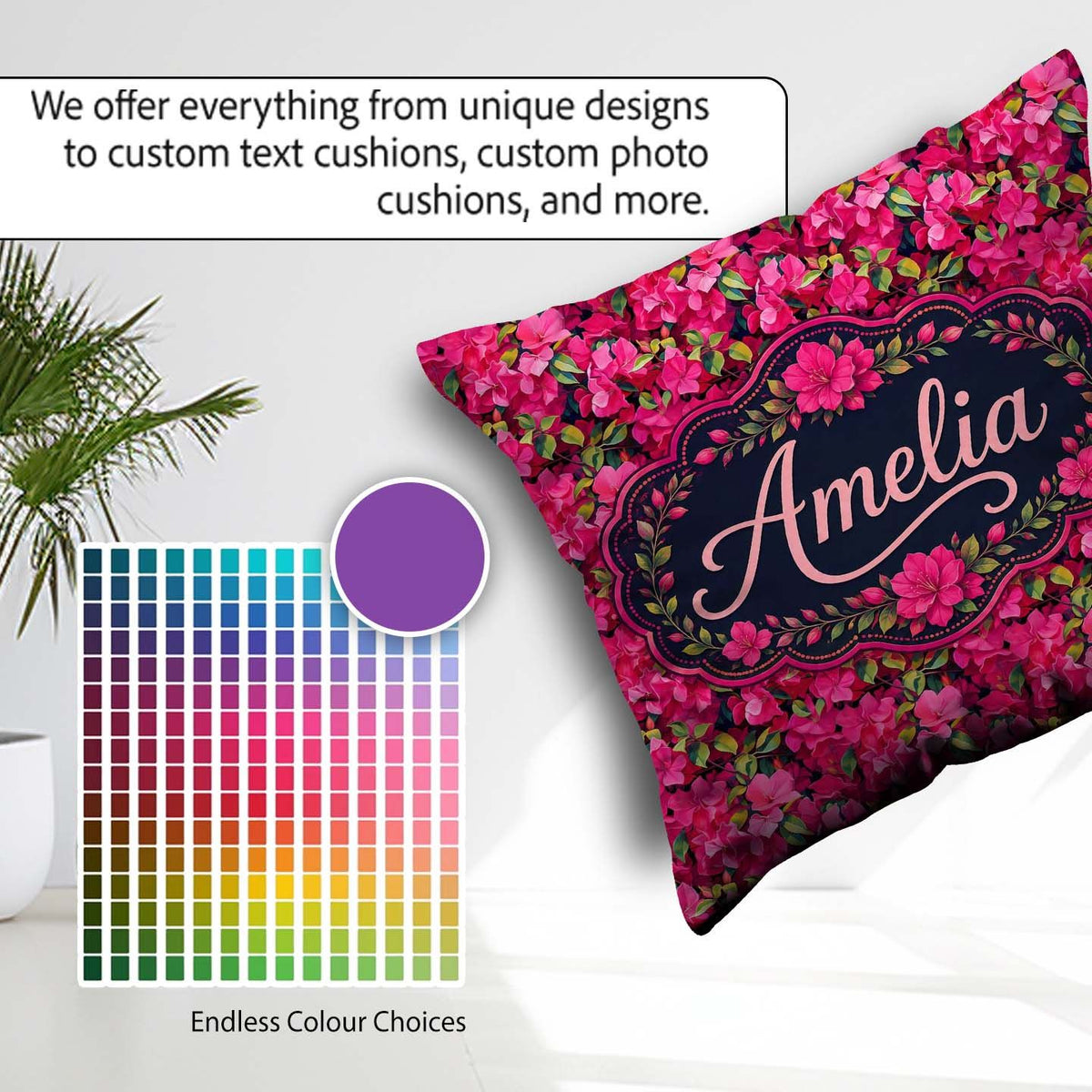 Custom Name Vibrant Pink Floral Garden Seamless Pattern Blooming Square Filled Cushion Throw Pillow Sofa Bed Home Decor Zip Washable UK Made
