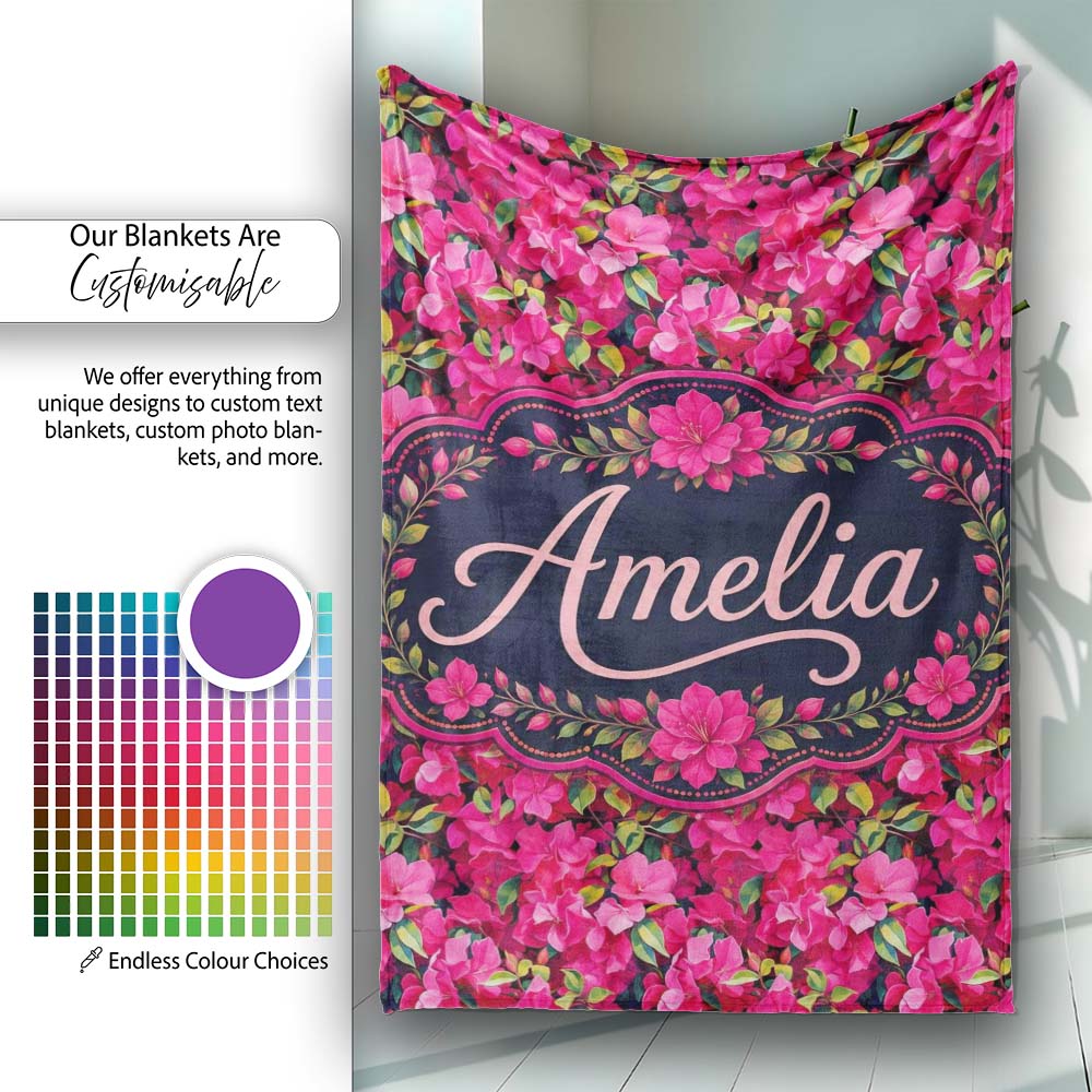 Vibrant Pink Floral Garden Seamless Pattern Lush Blooming Flowers  Personalised Custom Name Super Soft Fleece Blanket Bed Sofa Throw