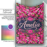 Vibrant Pink Floral Garden Seamless Pattern Lush Blooming Flowers  Personalised Custom Name Super Soft Fleece Blanket Bed Sofa Throw