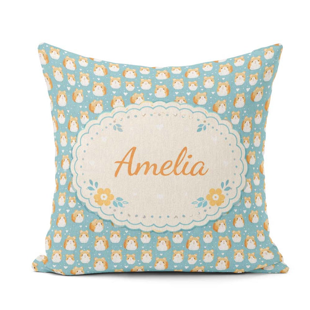 Custom Name Cute Hamster Cartoon Blue Heart Pattern Seamless Square Filled Cushion Throw Pillow Sofa Bed Home Decor Zip Washable UK Made