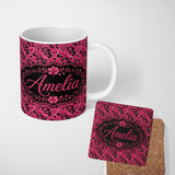 Personalized Custom Name Elegant Pink Flowers on Black Seamless Pattern Botanical Floral 11oz Ceramic Coffee Tea Mug White Large Handle