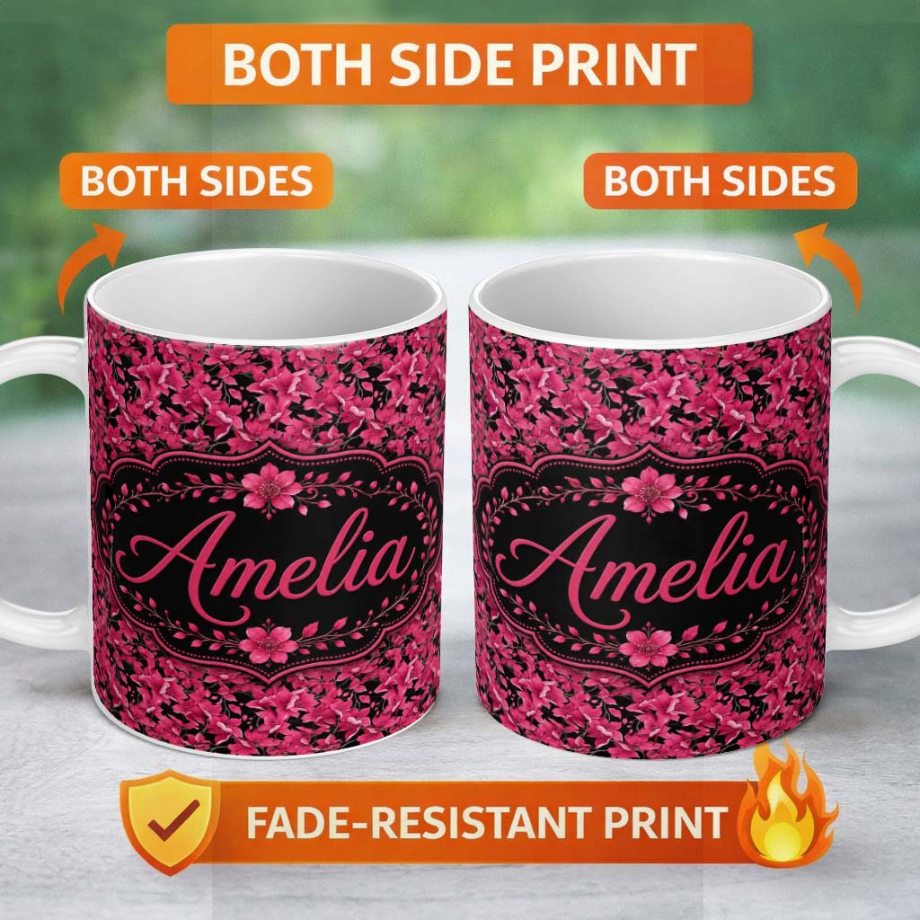 Personalized Custom Name Elegant Pink Flowers on Black Seamless Pattern Botanical Floral 11oz Ceramic Coffee Tea Mug White Large Handle