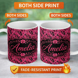 Personalized Custom Name Elegant Pink Flowers on Black Seamless Pattern Botanical Floral 11oz Ceramic Coffee Tea Mug White Large Handle