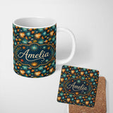 Personalized Custom Name Colorful Fireworks Burst Seamless Pattern Celebration Sparkle 11oz Ceramic Coffee Tea Mug White Large Handle