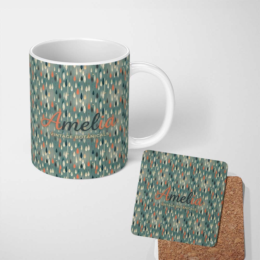 Personalized Custom Name Mid Century Leaf Drop Shapes Teal Background Seamless Pattern Lovely 11oz Ceramic Coffee Tea Mug White Large Handle