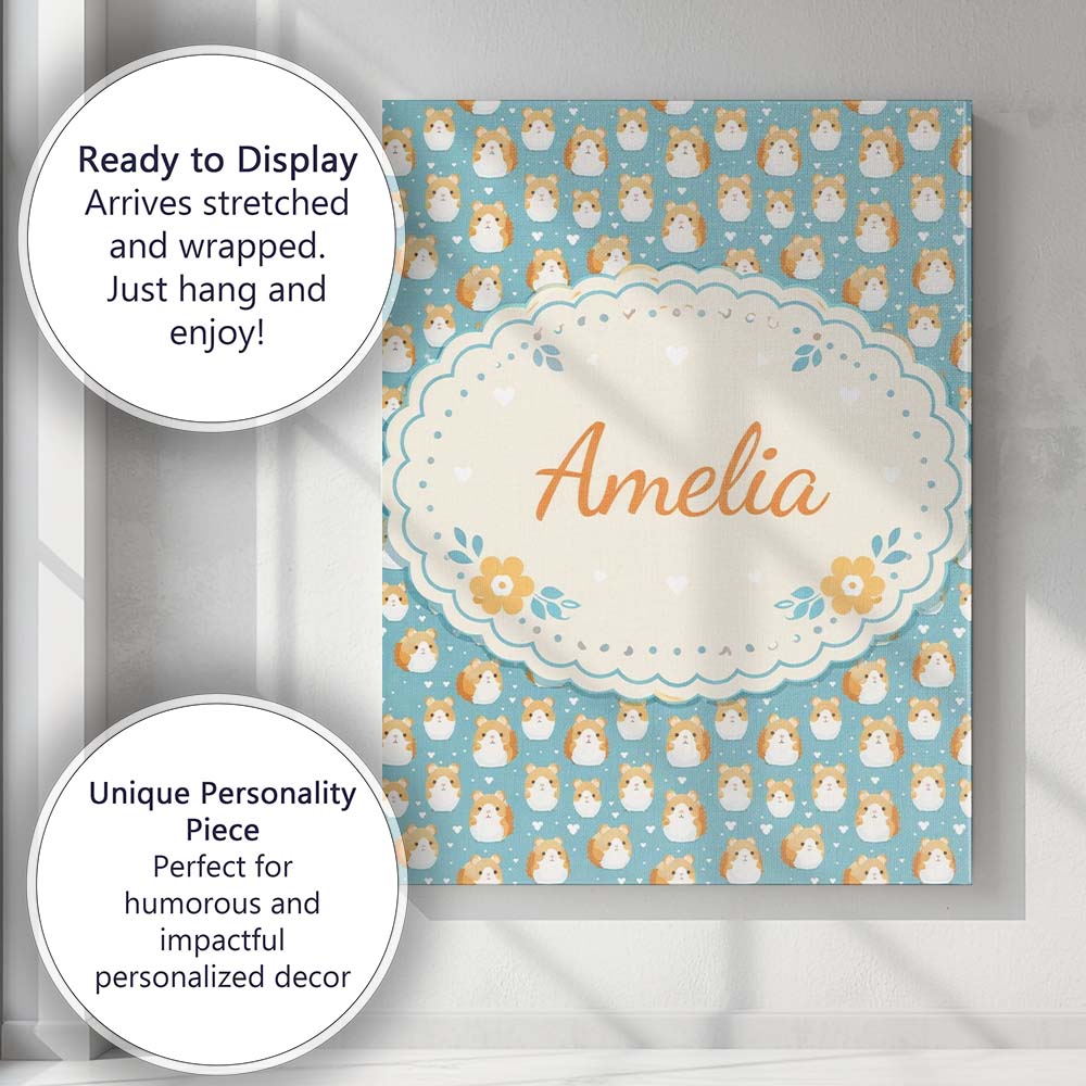 Personalised Name Cute Hamster Cartoon Blue Heart Pattern Seamless Custom  Unique Canvas Wall Art Print Decor Picture Ready to Hang