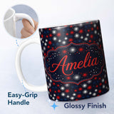 Personalized Custom Name Red White Blue Fireworks Seamless Pattern Festive Celebration 11oz Ceramic Coffee Tea Mug White Large Handle