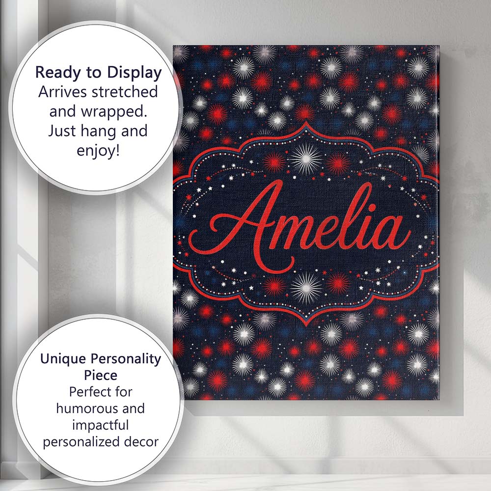 Personalised Name Red White Blue Fireworks Custom  Unique Gift Idea Elegant Feature Canvas Wall Art Print Decor Picture Ready to Hang