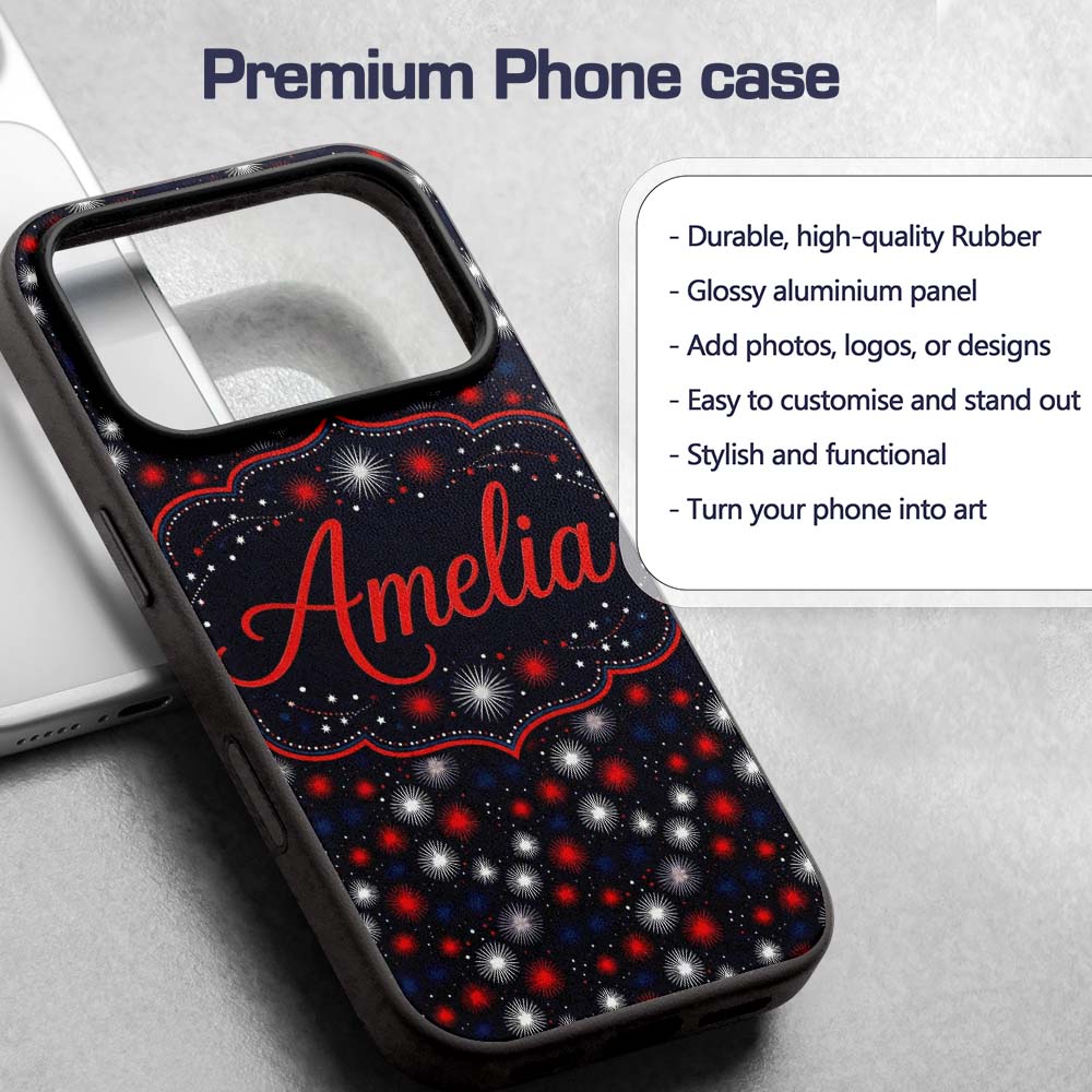 Red White Blue Fireworks Seamless Pattern Festive Custom Name Protective Phone Case Mobile Cover Durable Everyday Smartphone Shock Resistant