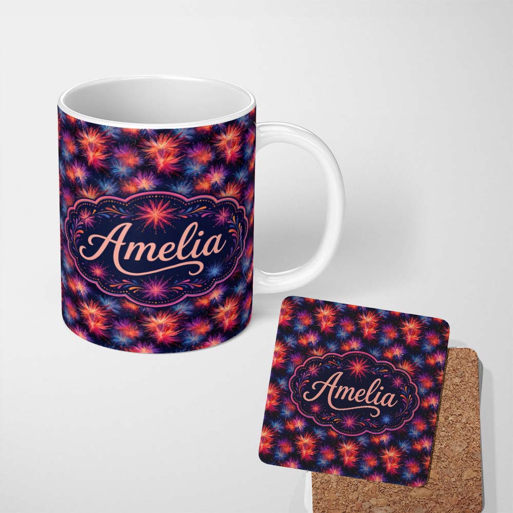 Personalized Custom Name Bright Multicolor Fireworks Seamless Pattern Night Sky Celebration 11oz Ceramic Coffee Tea Mug White Large Handle