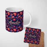 Personalized Custom Name Bright Multicolor Fireworks Seamless Pattern Night Sky Celebration 11oz Ceramic Coffee Tea Mug White Large Handle