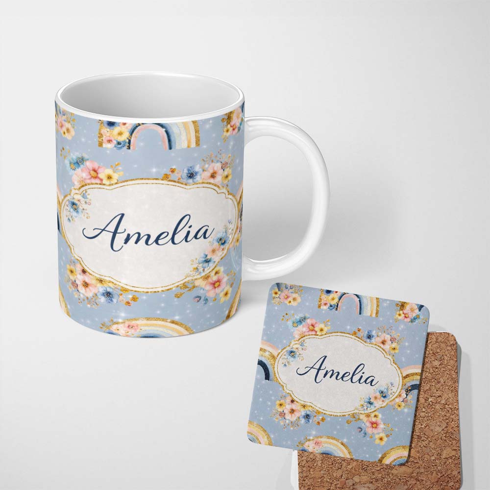Personalized Custom Name Floral Rainbow Gold Glitter Boho Seamless Pattern Cute Unique Gift 11oz Ceramic Coffee Tea Mug White Large Handle