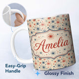 Personalized Custom Name Red Blue Patriotic Fireworks Burst Seamless Pattern Festive 11oz Ceramic Coffee Tea Mug White Large Handle
