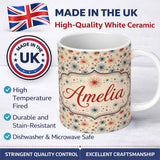 Personalized Custom Name Red Blue Patriotic Fireworks Burst Seamless Pattern Festive 11oz Ceramic Coffee Tea Mug White Large Handle