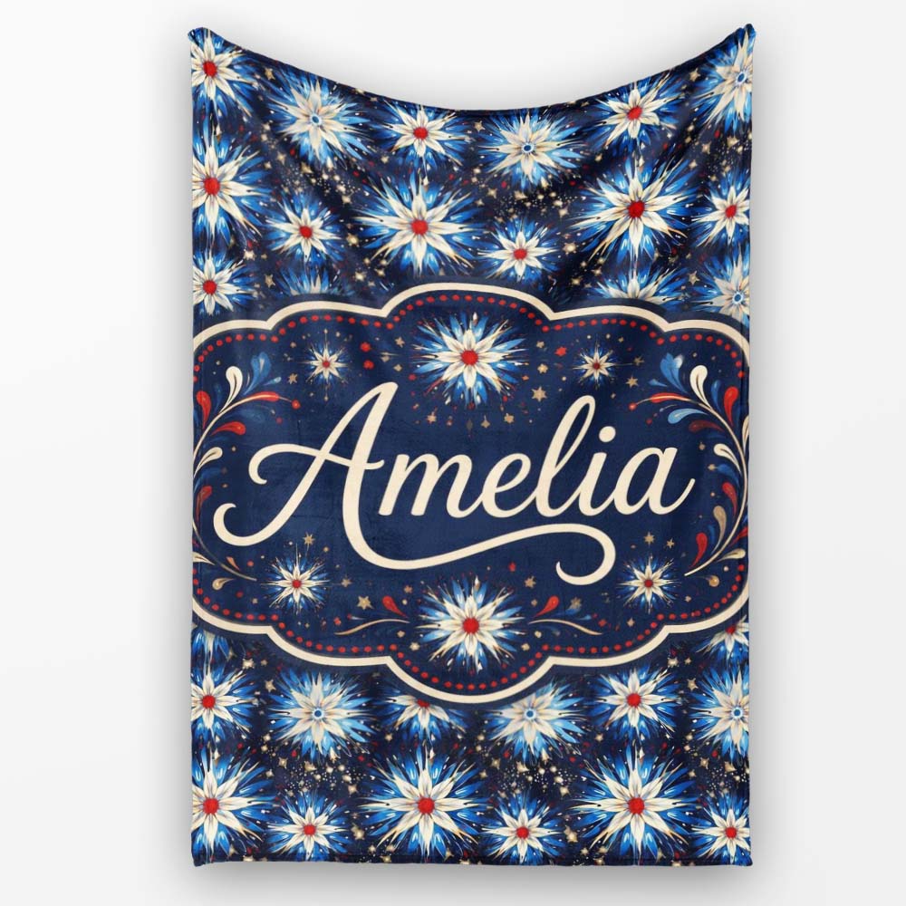 Blue White Starburst Floral Firework Seamless Pattern Celebration  Personalised Custom Name Super Soft Fleece Blanket Bed Sofa Throw