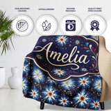 Blue White Starburst Floral Firework Seamless Pattern Celebration  Personalised Custom Name Super Soft Fleece Blanket Bed Sofa Throw