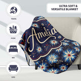 Blue White Starburst Floral Firework Seamless Pattern Celebration  Personalised Custom Name Super Soft Fleece Blanket Bed Sofa Throw