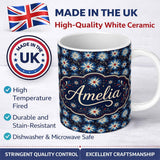 Personalized Custom Name Blue White Starburst Floral Firework Seamless Pattern Celebration 11oz Ceramic Coffee Tea Mug White Large Handle