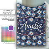 Blue White Starburst Floral Firework Seamless Pattern Celebration  Personalised Custom Name Super Soft Fleece Blanket Bed Sofa Throw