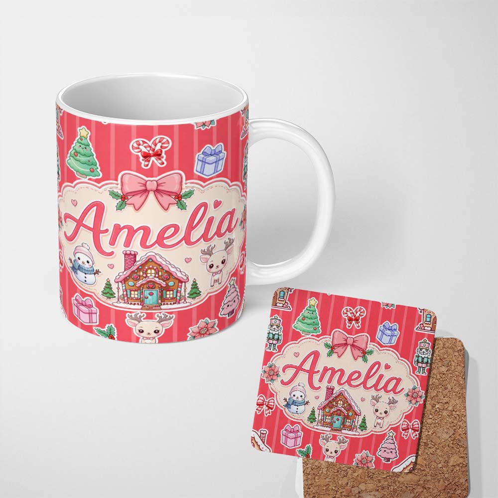 Personalized Custom Name Cute Christmas Festive Stickers Gingerbread House Tree Red Stripe 11oz Ceramic Coffee Tea Mug White Large Handle