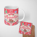 Personalized Custom Name Cute Christmas Festive Stickers Gingerbread House Tree Red Stripe 11oz Ceramic Coffee Tea Mug White Large Handle